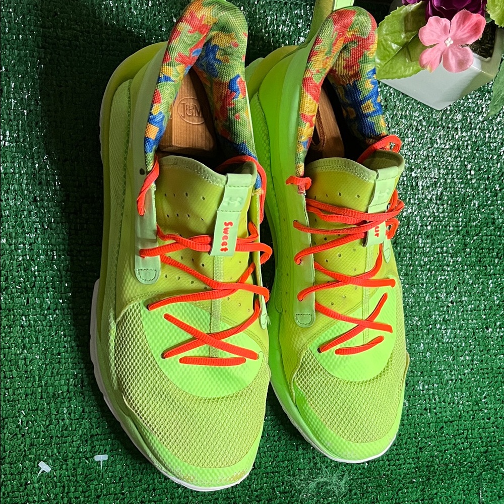 Sour Patches Under Armour Neon Lime Green Athletic Sneakers with Orange Laces